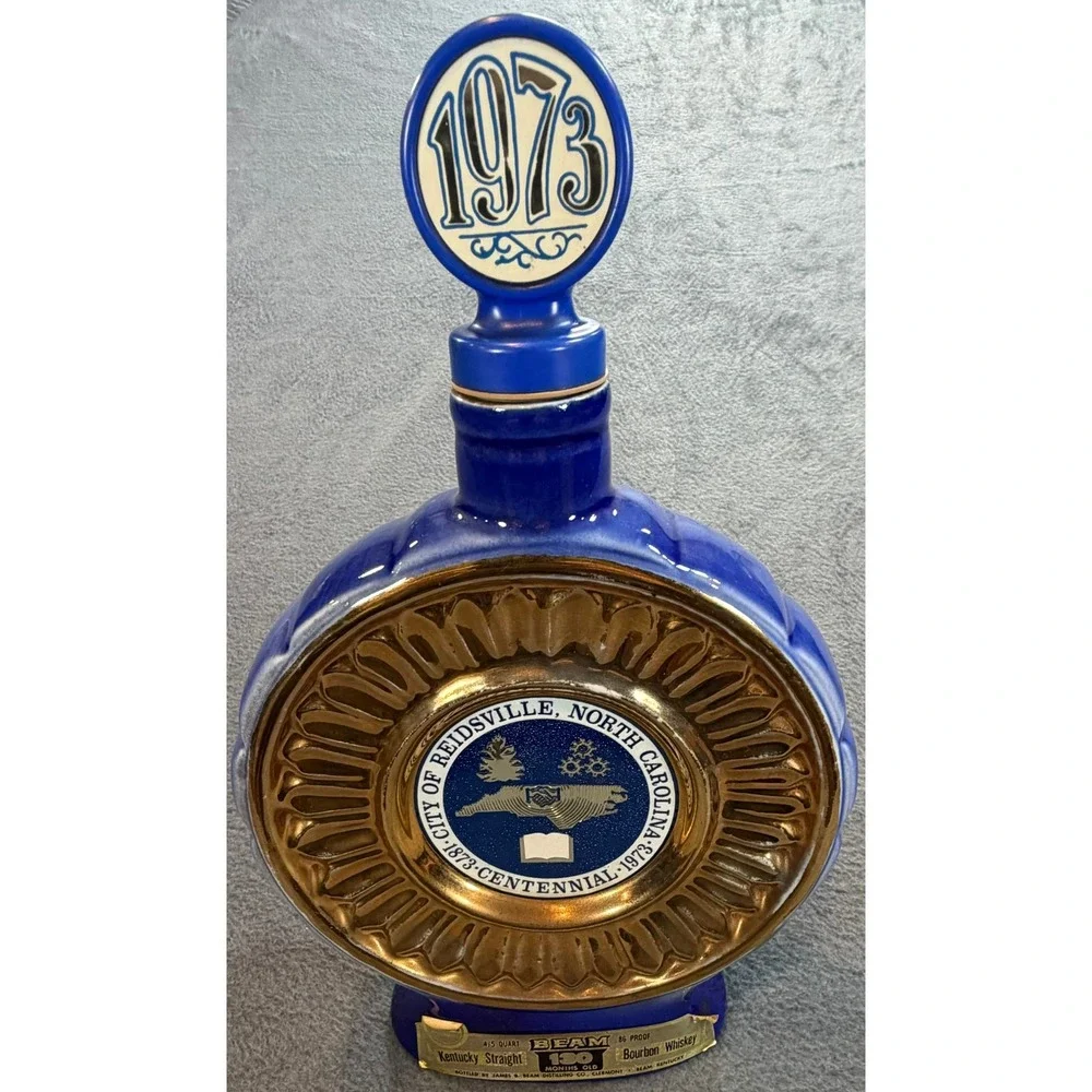 Jim Beam Reidsville NC Centennial Decanter 1873-1973 Blue Gold Vintage Ceramic